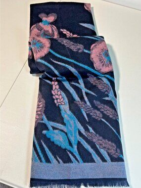 Pretty Persuasions Reversible Floral Scarf Wrap Navy Blue Pink Fringe 36 x 72